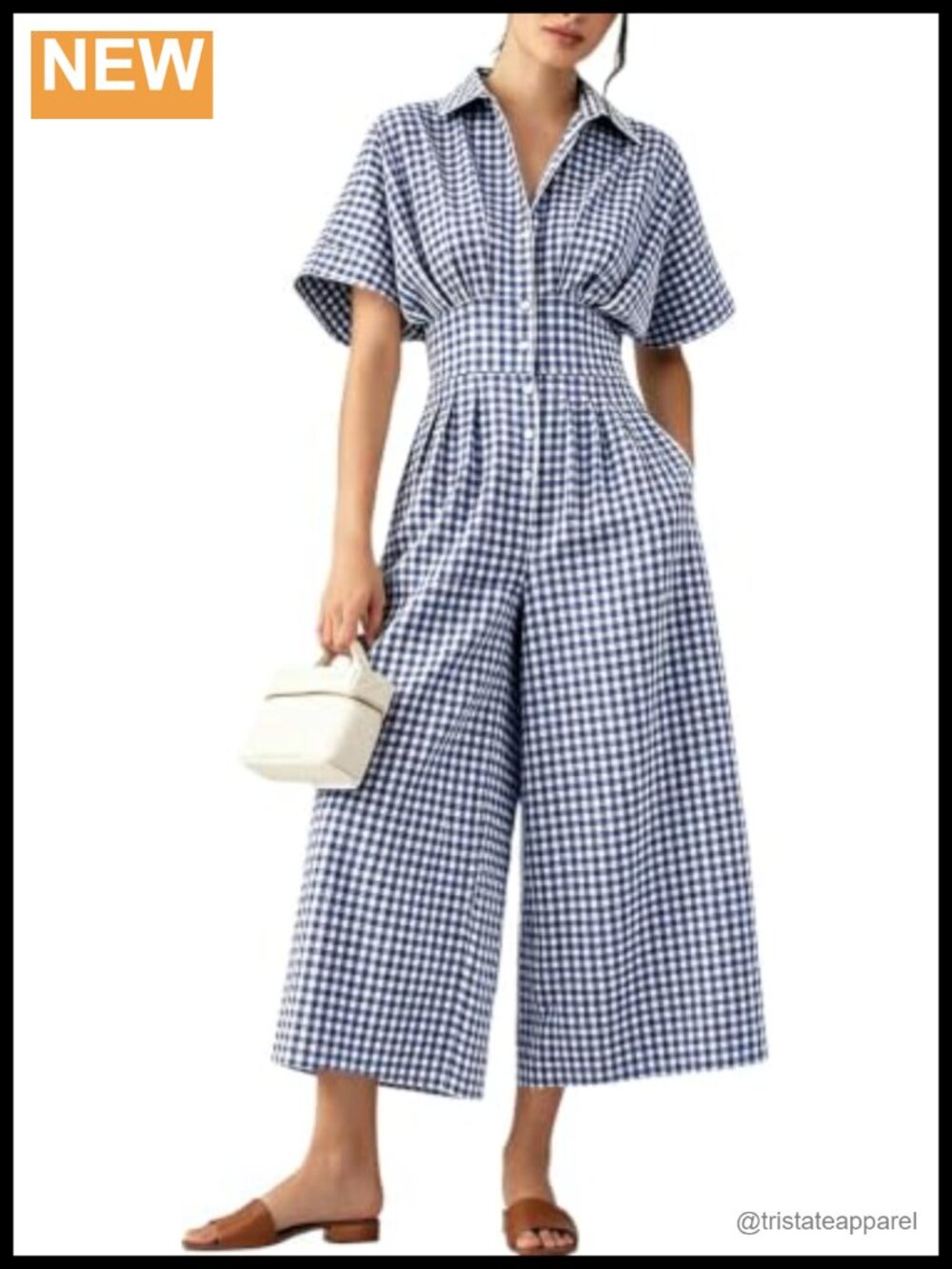 Women's Gingham Cotton Jumpsuit Button Down High Waist Wide Leg